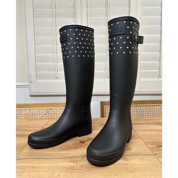 Hunter Womens Refined Tall Stud Cuff Boots Black Size 6 US 37 EU NWOB Rain Boots - Picture 3 of 15